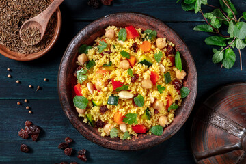 Couscous, overhead flat lay shot in a tagine with ingredients, on a dark wooden background