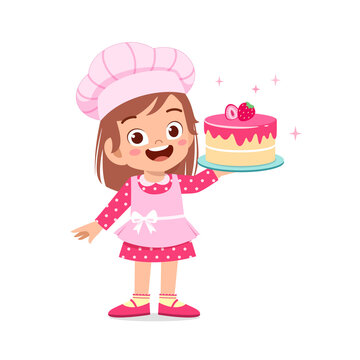 Happy Cute Little Kid Boy And Girl Wear Chef Uniform And Cooking A Birthday Cake