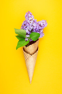 Ice cream cone with Lilac flowers on yellow background. Waffle cup with spring flowers. Greeting card. Minimalism fashion style. Copy space, flat lay