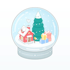 Snowball with winter house, showing, fir tree. Magic transparent ball with christmas tree. New year winter toy souvenir. 3d isometric vector illustration