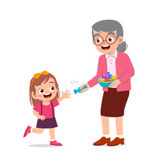 happy grandparent give food and candy to grandchildren