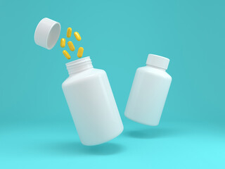 3D illustration of yellow pills with white plastic bottle mock up (clipping path or work path included)