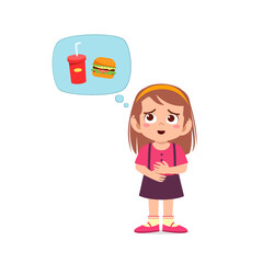 happy cute kid boy and girl feels hungry want to eat and thinks about food
