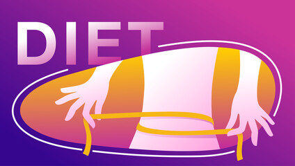 Diet banner or poster in abstract purple decoration - with slim female body silhouette - woman that measures her waist with measuring tape