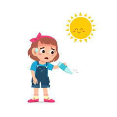 happy cute kid boy and girl feels so thirsty because of hot weather at summer season