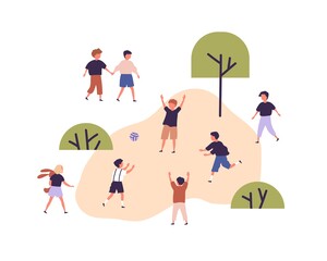 Fototapeta premium Group of children playing with ball at kindergarten playground. Outside kids activities and games. Healthy summer outdoor pastime. Colorful flat vector illustration isolated on white background