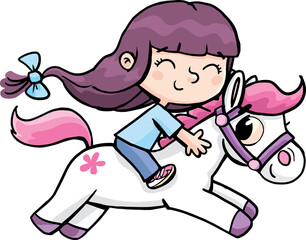 girl with a long tail rides a pony