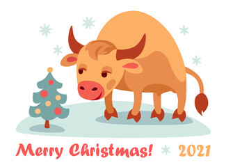 Funny cute bull stands in snow and looks at decorated Christmas tree, around snowflakes and text Merry Christmas! 2021.