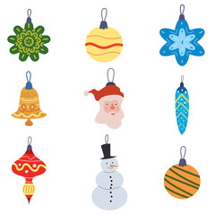 Set Christmas Retro Toys balls decorative elements. Xmas collection vintage elements baubles. Vector illustration accessories for poster