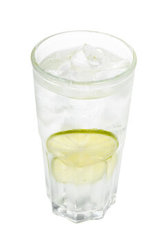 gin and tonic cocktail in highball glass with two slices of lime and ice cubes isolated on white background