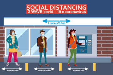 Social distancing and from COVID-19 coronavirus outbreak spreading concept prevention. Crowd people maintain a safe distance 2 meters from others at the line ATM. Vector