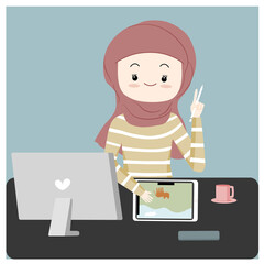 hijab girl with computer and tablet , Muslim girl holding pencil with computer and tablet on the table