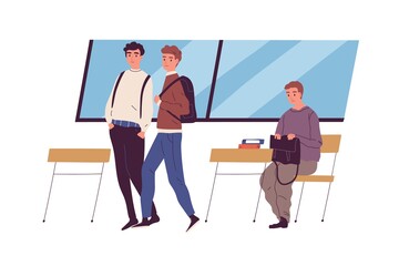 Fototapeta premium Social outcast. Wealthy and poor children at school. Communication difficulty and ignoring. Community's rejection. Richness vs poverty inequality concept. Flat vector illustration