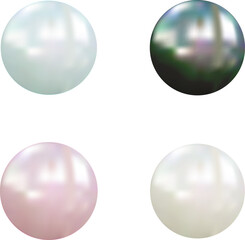 The pearl set is isolated on a transparent background. realistic beautiful 3D ball with highlights. Precious stones. Vector illustration.Round white, pinkish, bluish-gray, black.