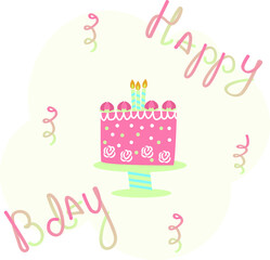 Birthday cake with candles, postcard, congratulation, flat design, on a white background, postel tone 
