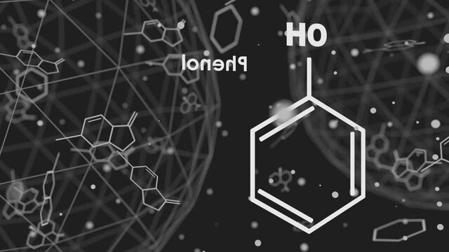 Phenol structural chemical formula. Lines and dots connected background.