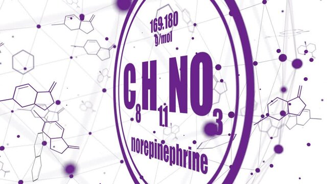 Chemical formula of hormone noradrenaline or norepinephrine. Infographics animation.