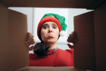 Disappointed Christmas Woman Looking Inside Cardboard Gift Box