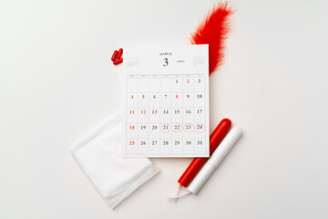 Female menstruation calendar and hygienic pads top view