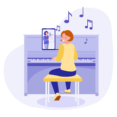The concept of learning to play the piano online. Lessons on the tablet. Vector illustration.
