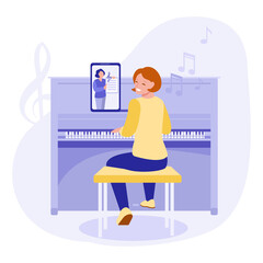 The concept of learning to play the piano online. Lessons on the tablet. Vector illustration.