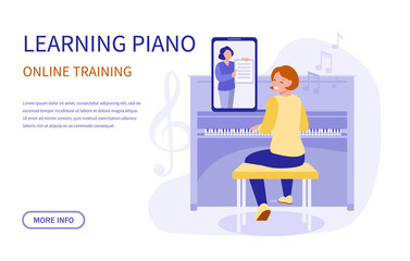 Online learning to play the piano. Banner. Vector flat illustration.