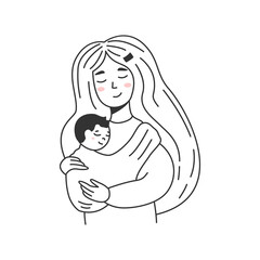 Young mother with a newborn. Happy woman is carrying her little baby in sling, motherhood, childcare, mommy and infant, mothers day and parenting vector concept. Black and white simple art.