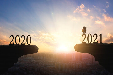 2021 concept: Silhouette of year 2021 and rooster on mountain with city sunset  background