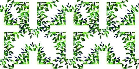 Green watercolor floral religious cross seamless pattern on a white background. Catholic and Orthodox illustration. Easter, Baptism, First Communion endless print. Christian wallpaper.