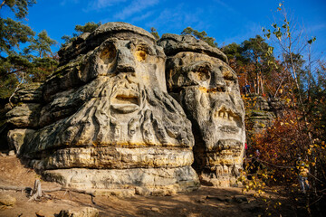 Monument sandstone rock sculptures Certovy Hlavy - Devils Heads created by Vaclav Levy between...