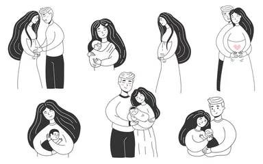 Muurstickers Happy young family set. Smiling Parents, Mother and Father hold little baby. Pregnancy, maternity, motherhood, childcare, mommy and infant, mothers day and parenting vector concept. © Maria