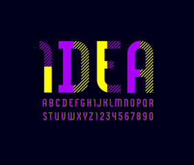 Fototapeta premium Bright striped font, colored alphabet sans serif, modern uppercase letters from A to Z and numbers from 0 to 9, vector illustration 10EPS