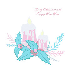 Merry Christmas and Happy New Year banner Candle holly pink blue pastel coloured decorative on white art design stock vector illustration for web, for print