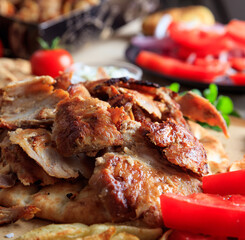 Gyros grilled meat slices on a pita bread, closeup view