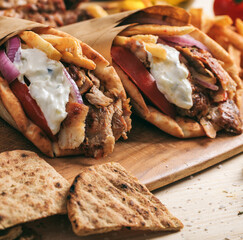 Gyros grilled meat slices in a pita bread, closeup view