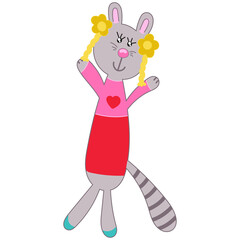 cute girl cat bunny in a dress and with pigtails, vector children illustration, kawaii drawing