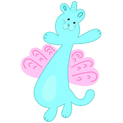 cute blue cat with pink wings and unicorn horn, vector children illustration, kawaii drawing