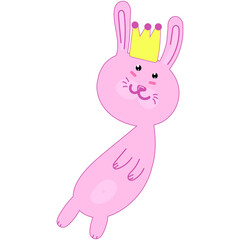 cute pink bunny princess in crown, vector childrens illustration, kawaii drawing