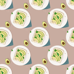 Fresh avocado sandwich repeated seamless pattern. Vector meal background.