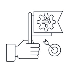 Hand holds a flag with the sign of electronic technology. Modern development and modernization to increase productivity and efficiency of the processes. Vector linear icon isolated on white background