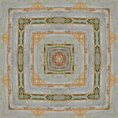 Idea for design and festive interior decoration. Seamless pattern from a fragment of a photograph of a vintage fence covered with dry needles and moss. 