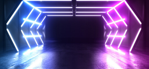 Modern Cyber Concrete Stage Podium Sci Fi Futuristic Neon Purple Blue Fluorescent  Electric Laser Lights Vibrant Tunnel Hangar Empty Showcase Showroom3D Rendering