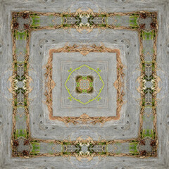 Seamless pattern from a fragment of a photograph of a vintage fence covered with dry needles and moss. Idea for design and festive interior decoration.