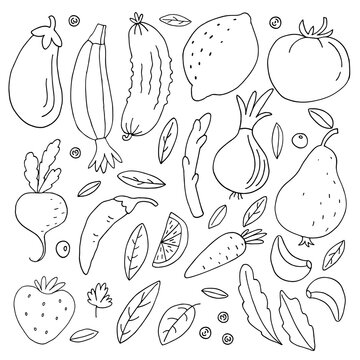 Vegetables and fruits vector line hand drawn set. Healthy food scandinavian illustrations. Kitchen colorful clip art.