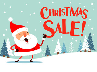 Christmas Sale! Santa Claus showing thumb up on snow scene. Flat vector concept illustration.