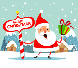 Merry Christmas! Santa Claus with Christmas gift box present and North Pole signboard on snow scene. Flat vector concept illustration.