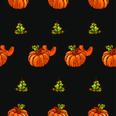 Vector pumpkin seamless pattern. Beautiful autumn background on black color. Great for printing on fabric, dishes or paper.