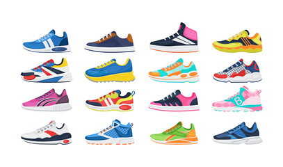 Fitness sneakers shoes set. Comfortable shoes for training, running and walking. Sports shoes of various shapes, training footwear, active sport sneakers cartoon vector