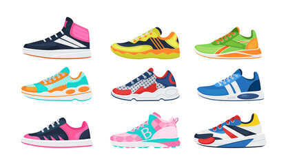 Fitness sneakers shoes set. Comfortable shoes for training, running and walking. Sports shoes of various shapes, training footwear, active sport sneakers cartoon vector