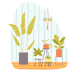Fototapeta na wymiar Arrangement of potted plants. Trendy interior. Vector illustration in a flat style